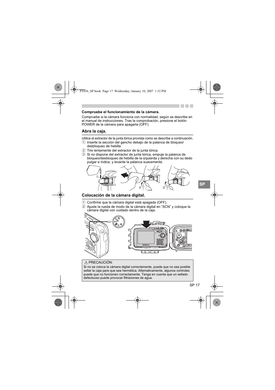 Compruebe el funcionamiento de la cámara, Abra la caja, Colocación de la cámara digital | Olympus PT-036 User Manual | Page 169 / 268