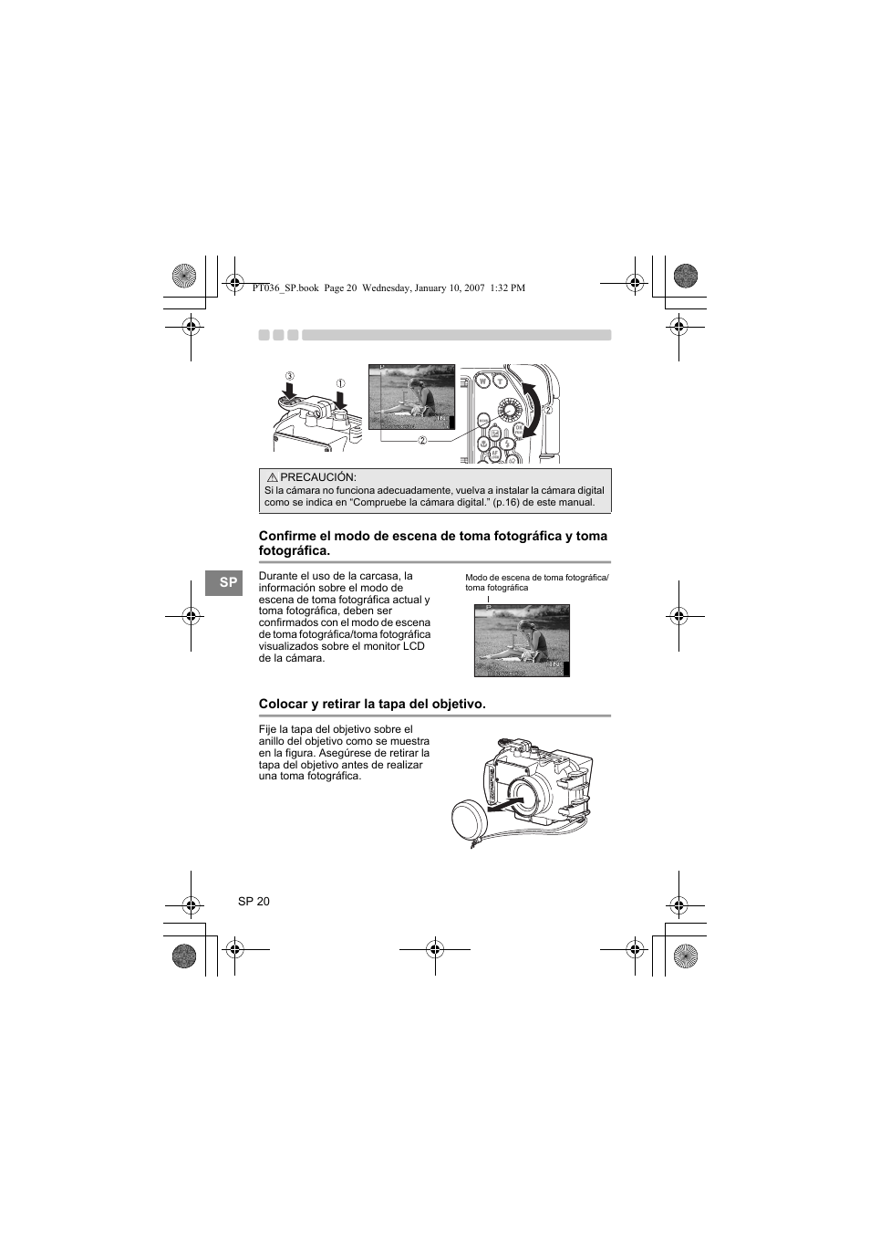 Fotográfica, Colocar y retirar la tapa del objetivo | Olympus PT-036 User Manual | Page 172 / 268
