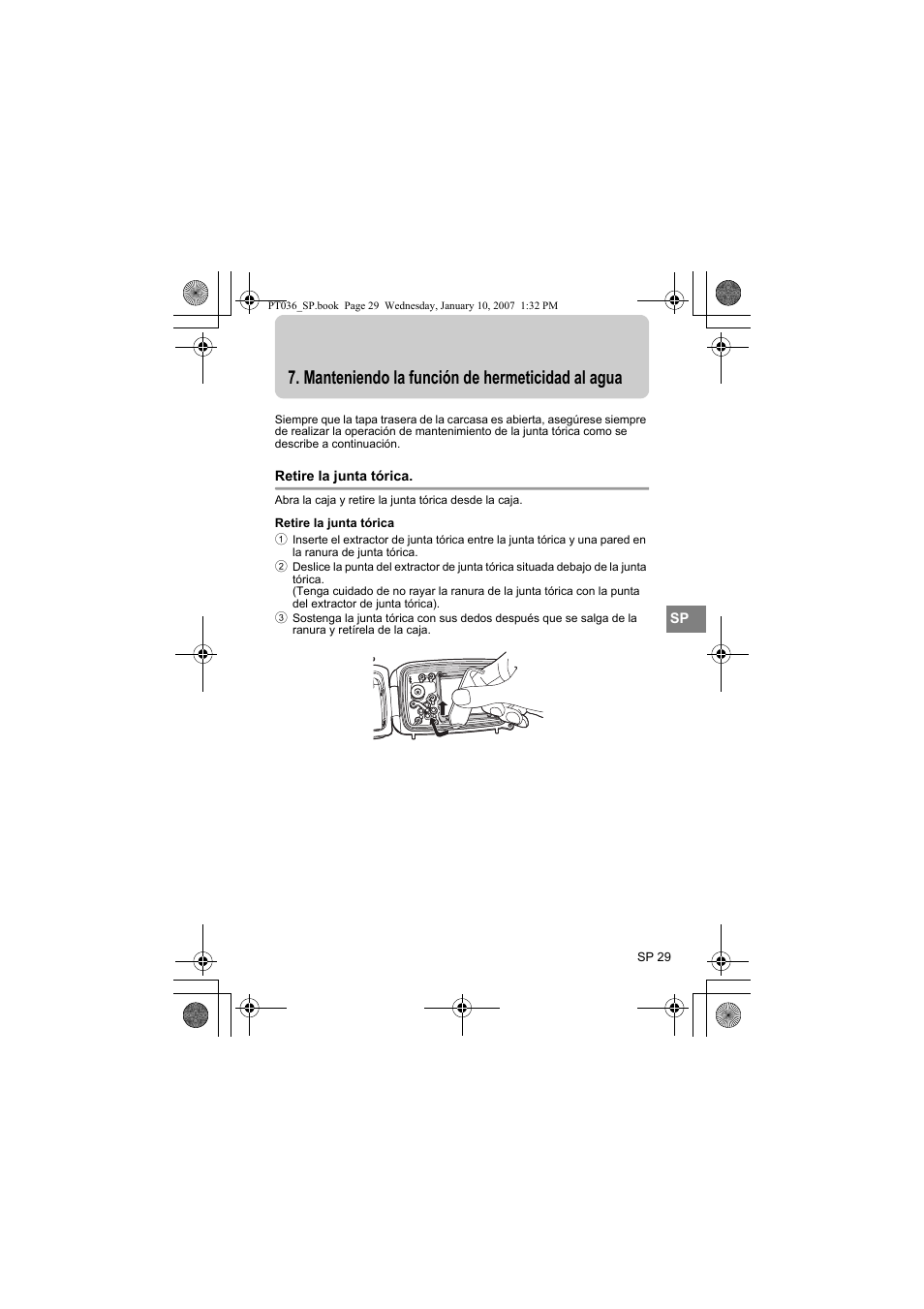 Manteniendo la función de hermeticidad al agua, Retire la junta tórica | Olympus PT-036 User Manual | Page 181 / 268