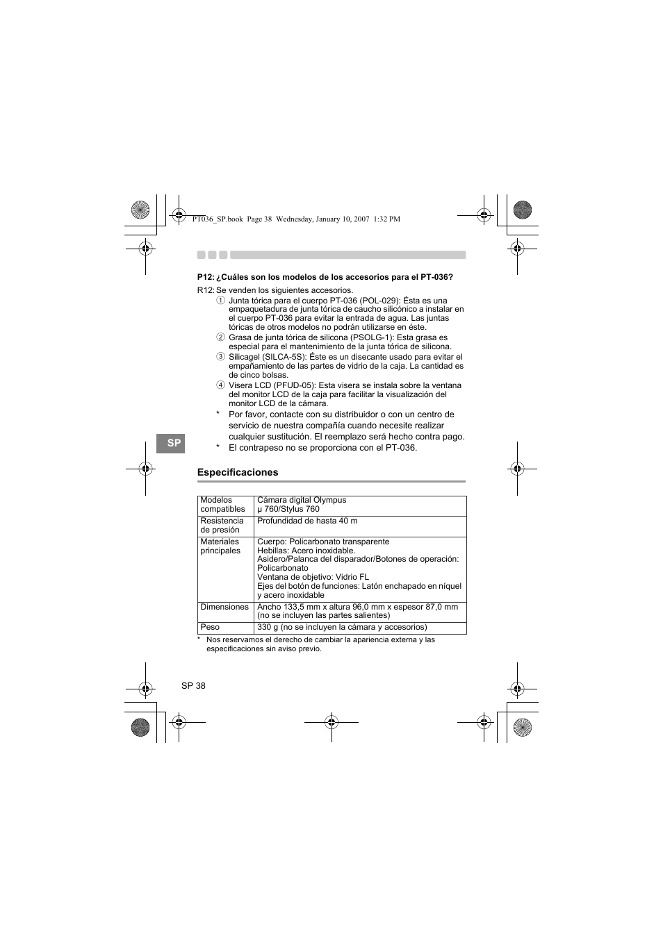 Especificaciones | Olympus PT-036 User Manual | Page 190 / 268