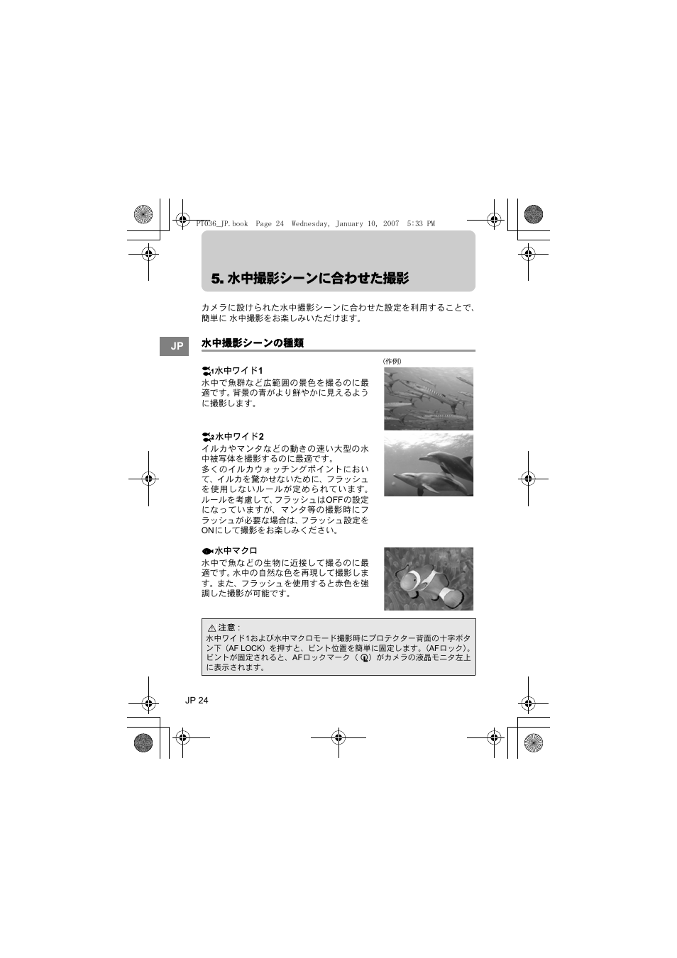 水中撮影シーンに合わせた撮影 | Olympus PT-036 User Manual | Page 24 / 268
