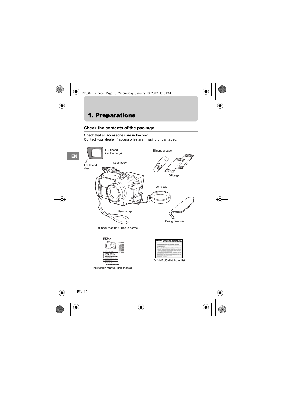 Preparations, Check the contents of the package | Olympus PT-036 User Manual | Page 48 / 268