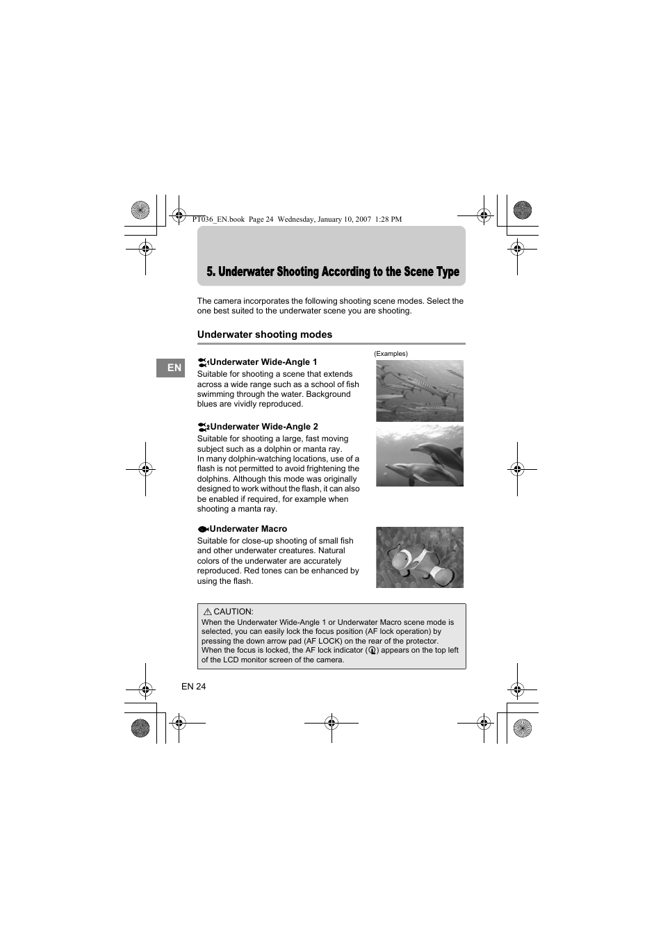 Underwater shooting according to the scene type | Olympus PT-036 User Manual | Page 62 / 268