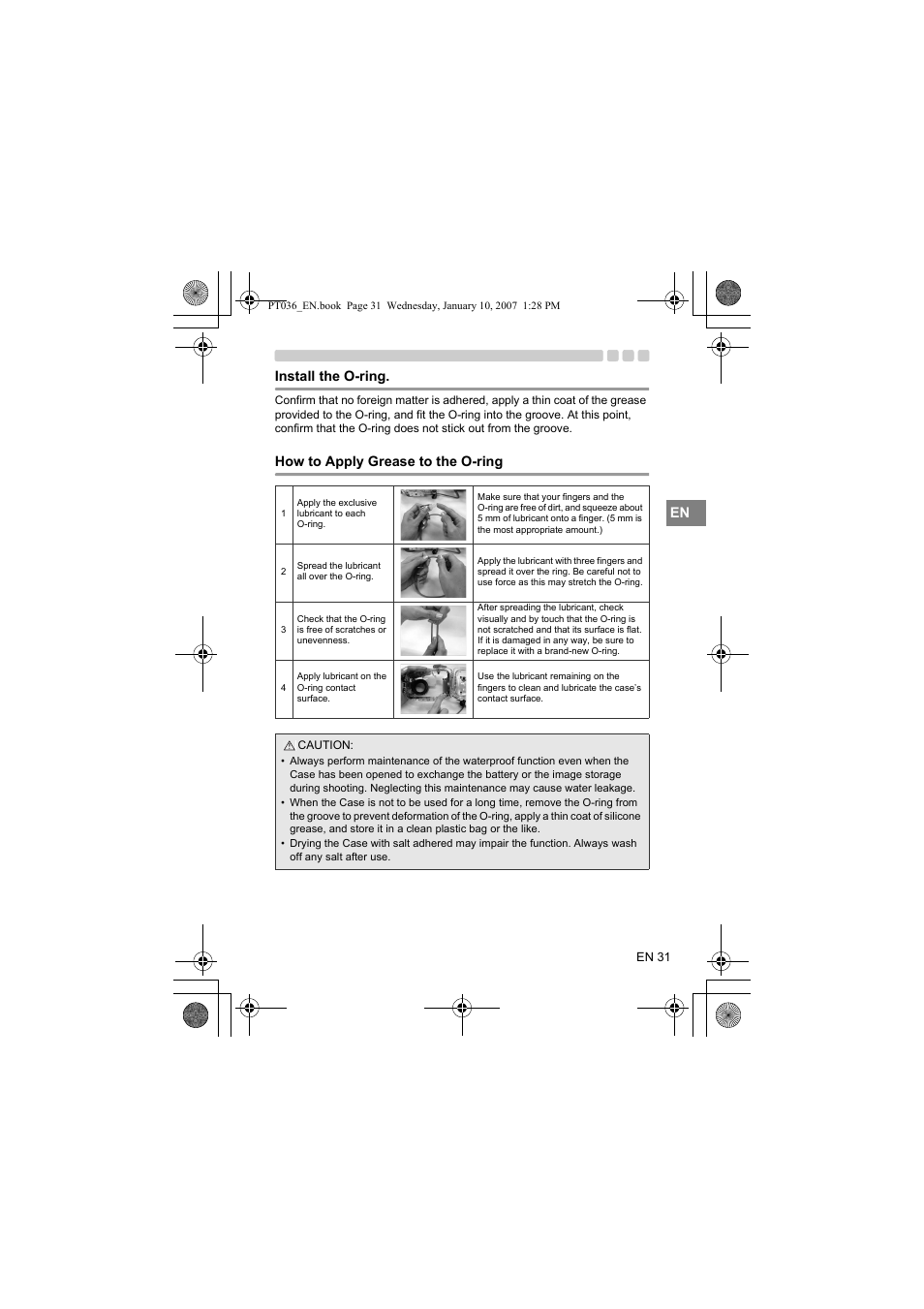 En install the o-ring, How to apply grease to the o-ring | Olympus PT-036 User Manual | Page 69 / 268