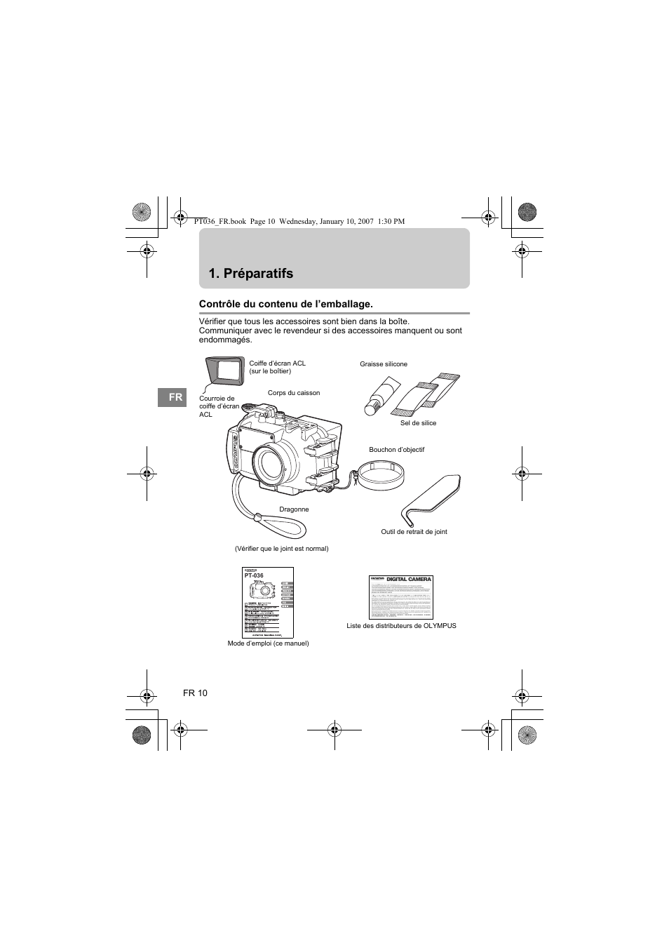 Préparatifs, Contrôle du contenu de l’emballage | Olympus PT-036 User Manual | Page 86 / 268