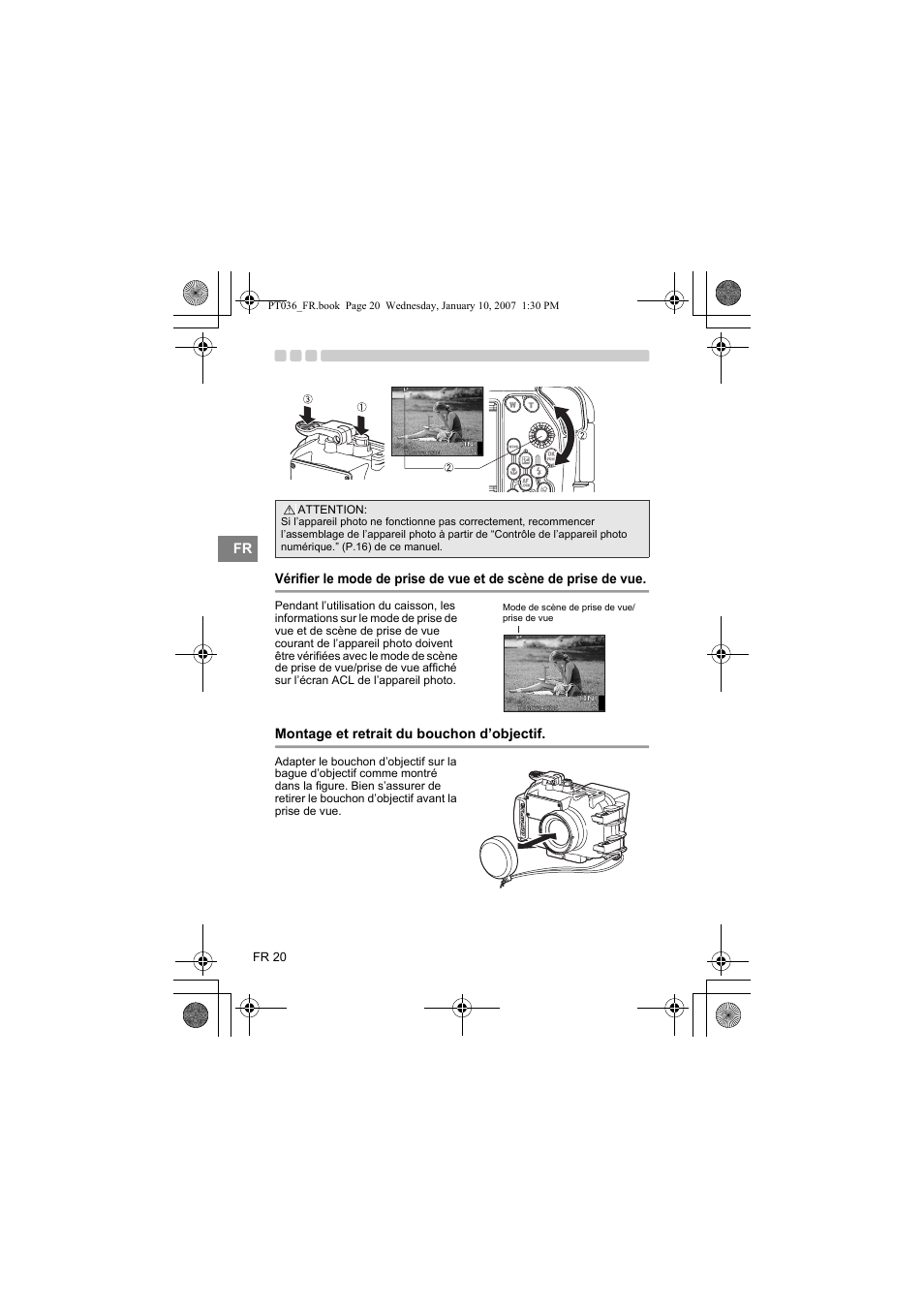 De vue, Montage et retrait du bouchon d’objectif | Olympus PT-036 User Manual | Page 96 / 268