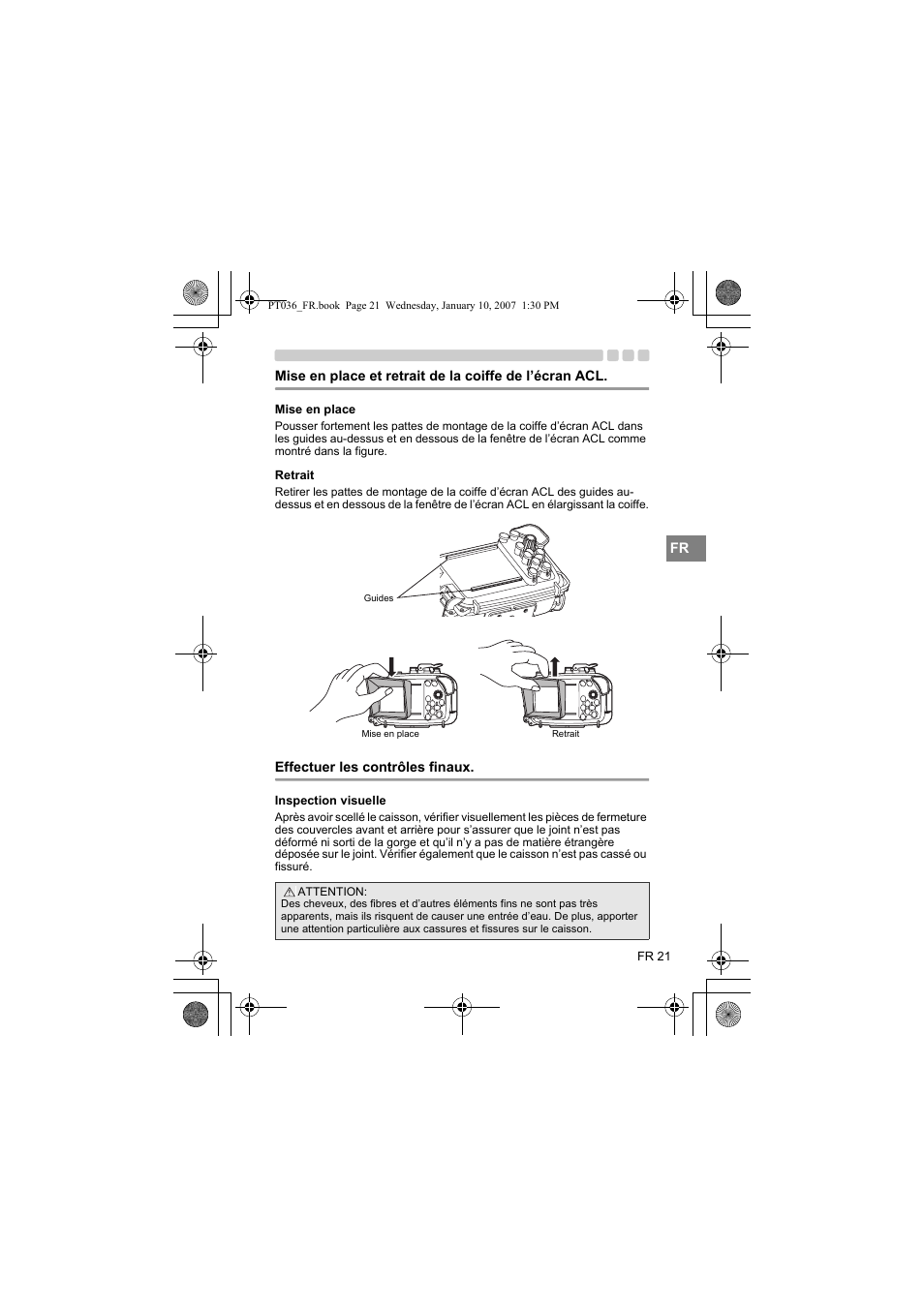 Mise en place retrait, Effectuer les contrôles finaux, Inspection visuelle | Olympus PT-036 User Manual | Page 97 / 268