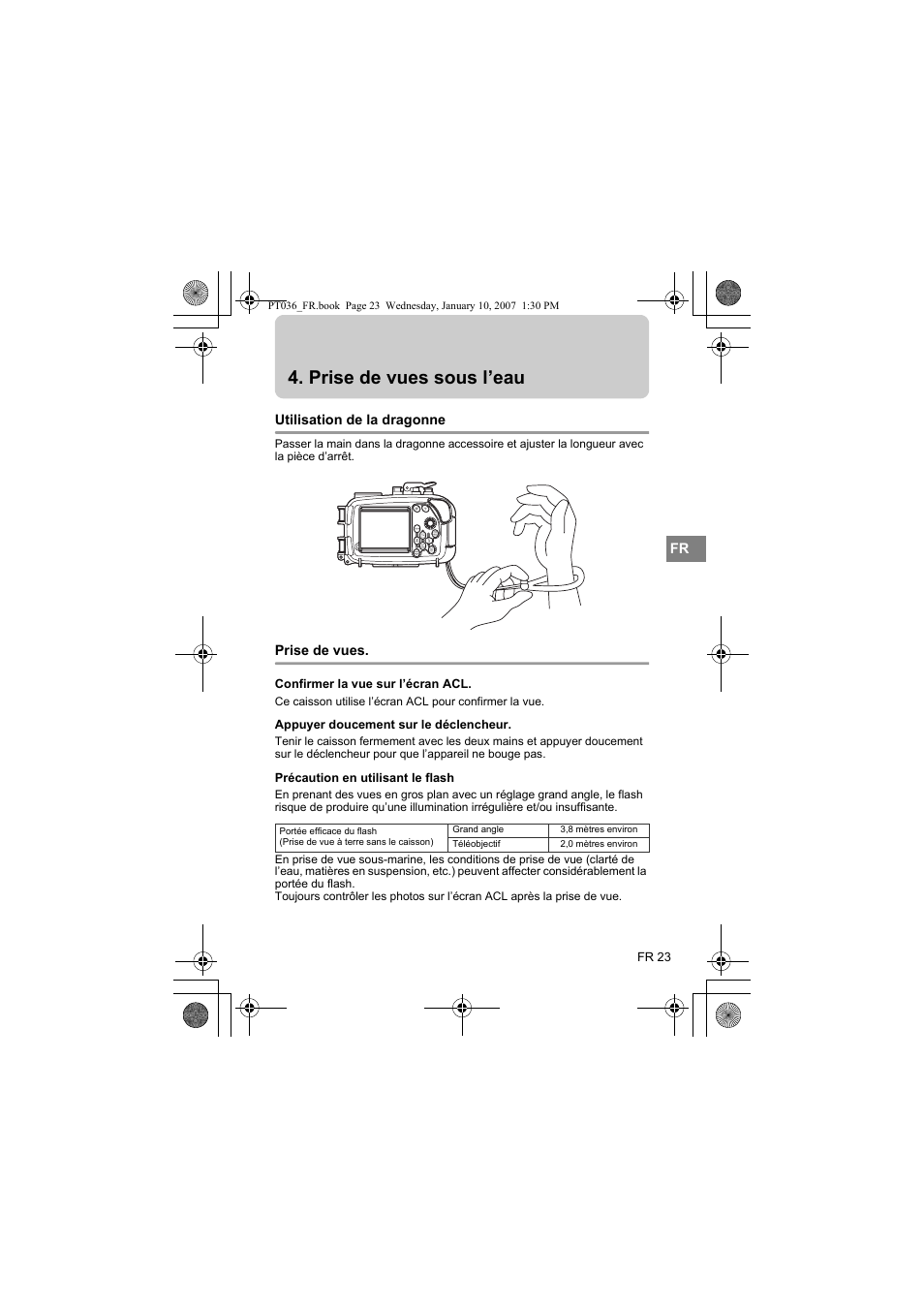 Prise de vues sous l’eau, Utilisation de la dragonne, Prise de vues | Olympus PT-036 User Manual | Page 99 / 268