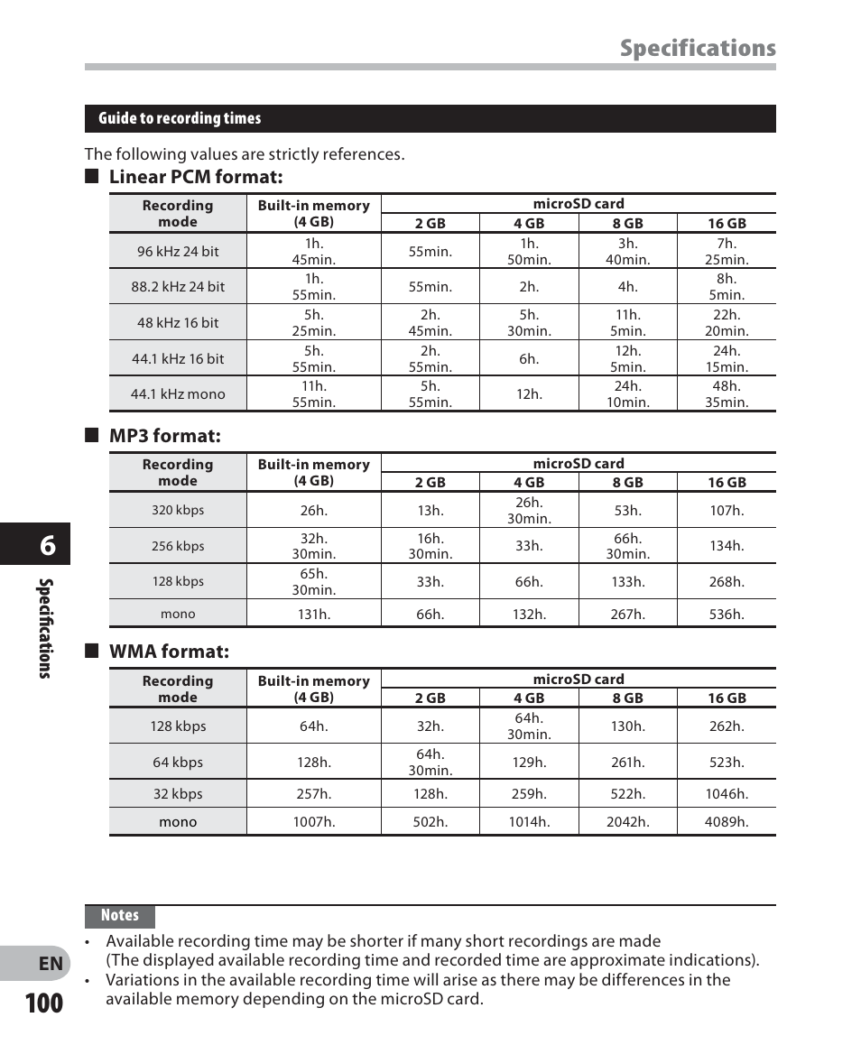 Specifications, Specifi c ations, 4 linear pcm format | 4 mp3 format, 4 wma format | Olympus LS-7 User Manual | Page 100 / 103