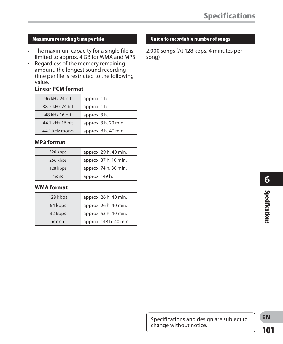 Specifications, En specifi c ations | Olympus LS-7 User Manual | Page 101 / 103