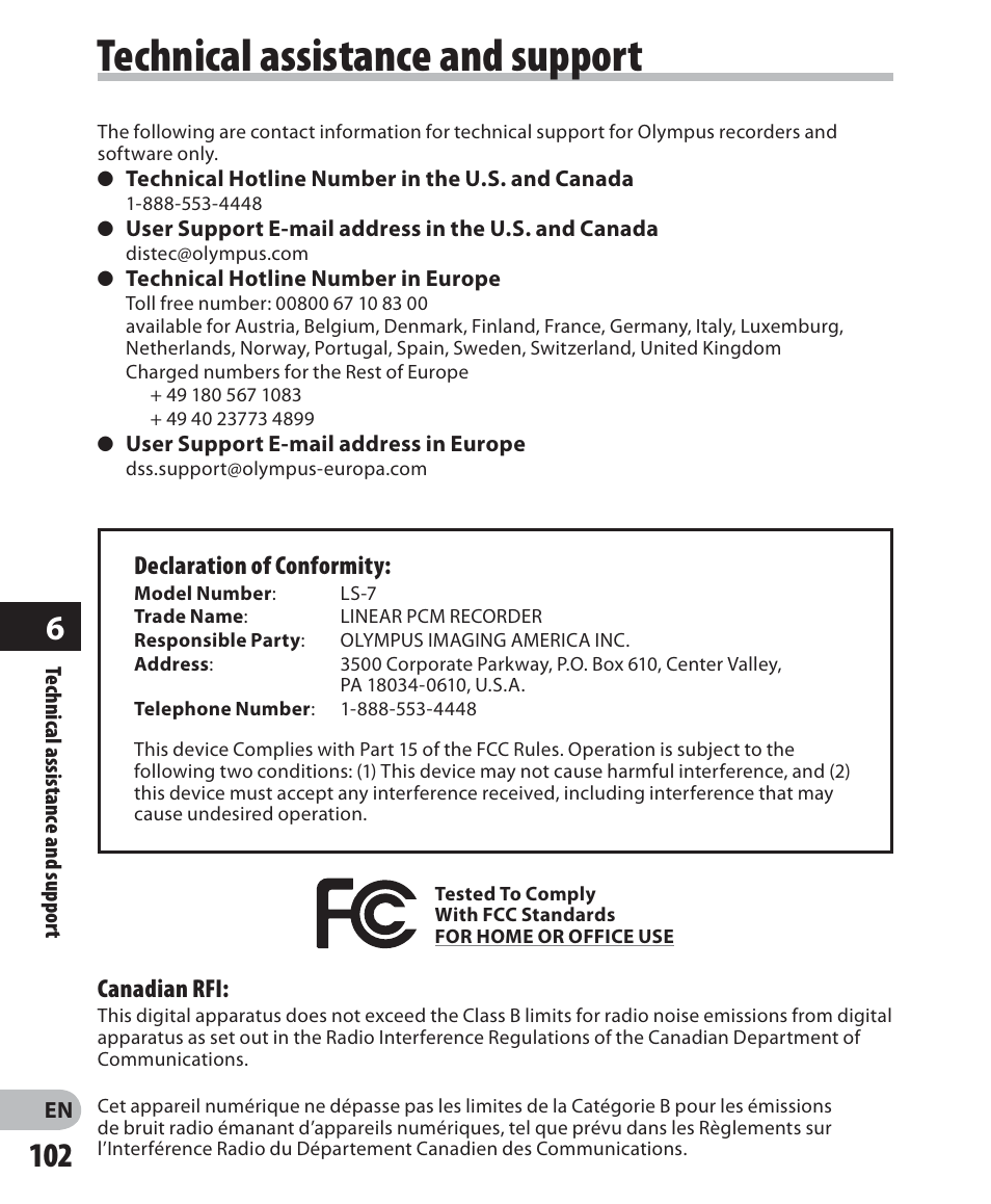 Technical assistance and support | Olympus LS-7 User Manual | Page 102 / 103