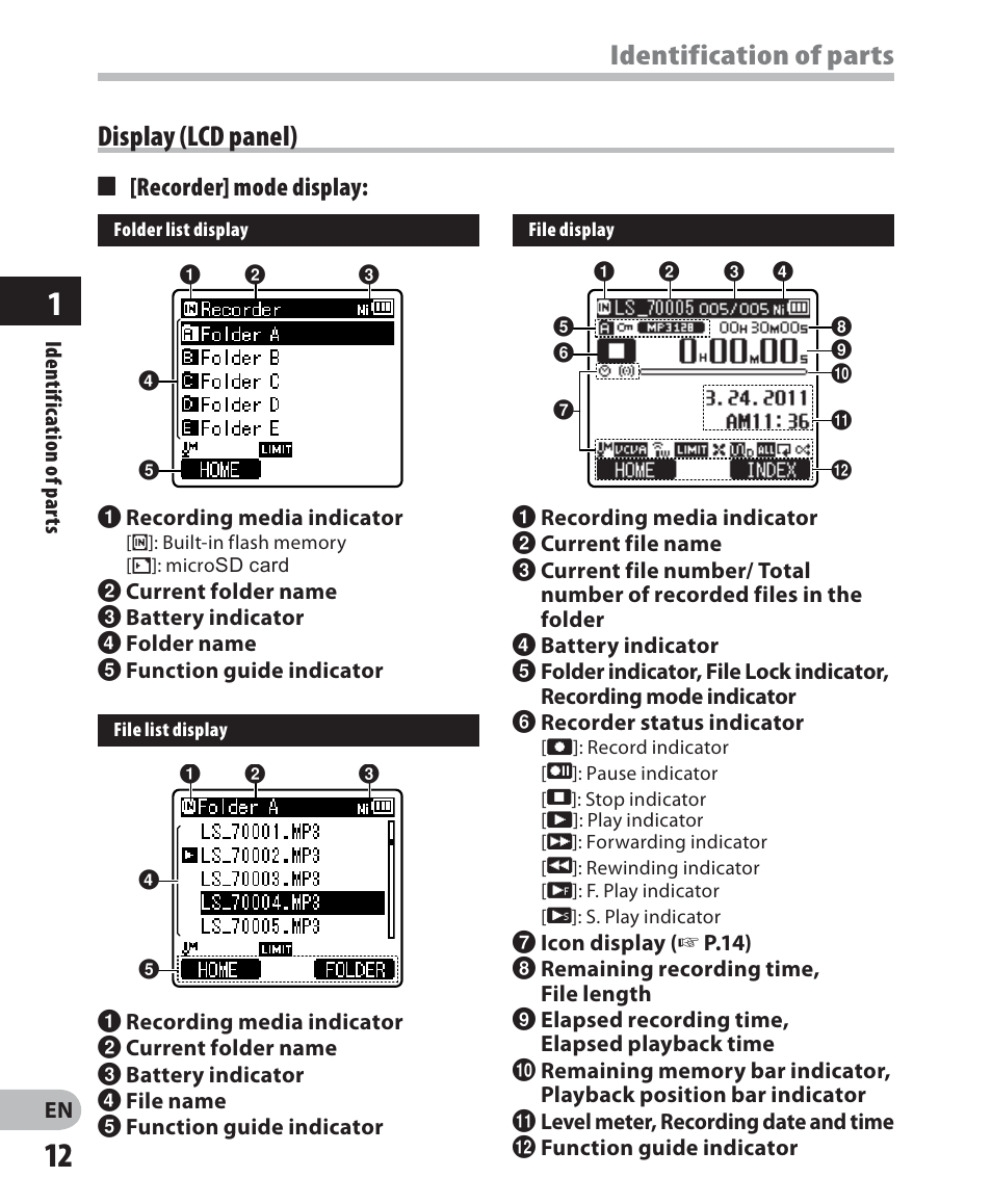 Identification of parts, Display (lcd panel) | Olympus LS-7 User Manual | Page 12 / 103