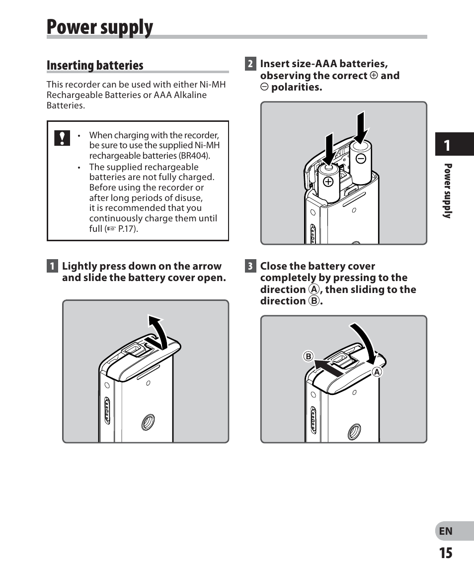 Power supply, Inserting batteries | Olympus LS-7 User Manual | Page 15 / 103