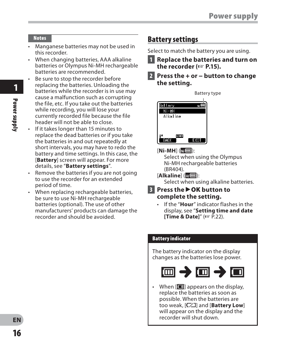 Power supply, Battery settings | Olympus LS-7 User Manual | Page 16 / 103