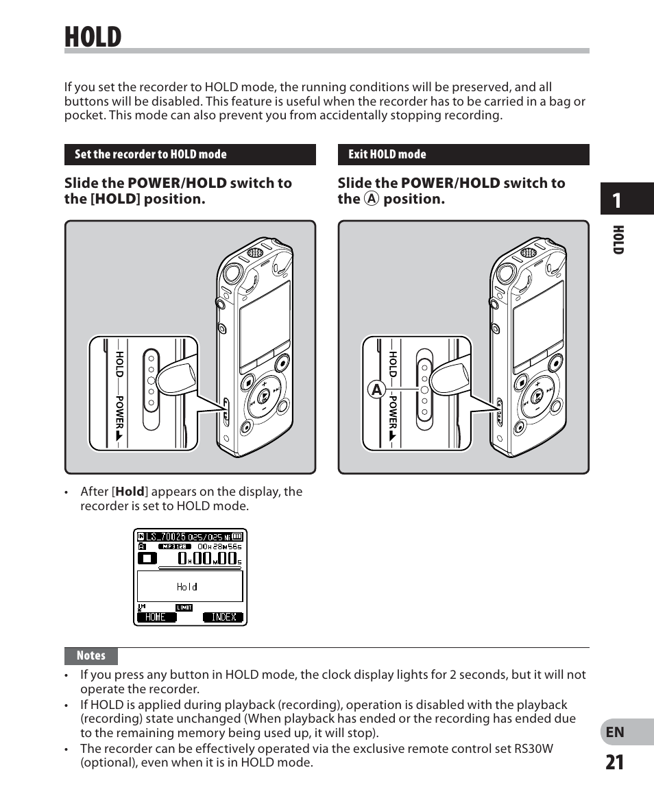 Hold | Olympus LS-7 User Manual | Page 21 / 103