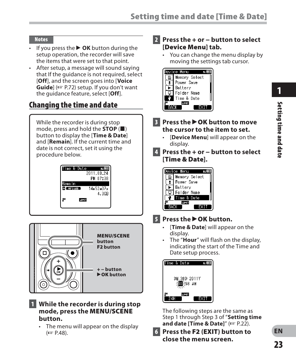 Setting time and date [time & date, Changing the time and date | Olympus LS-7 User Manual | Page 23 / 103