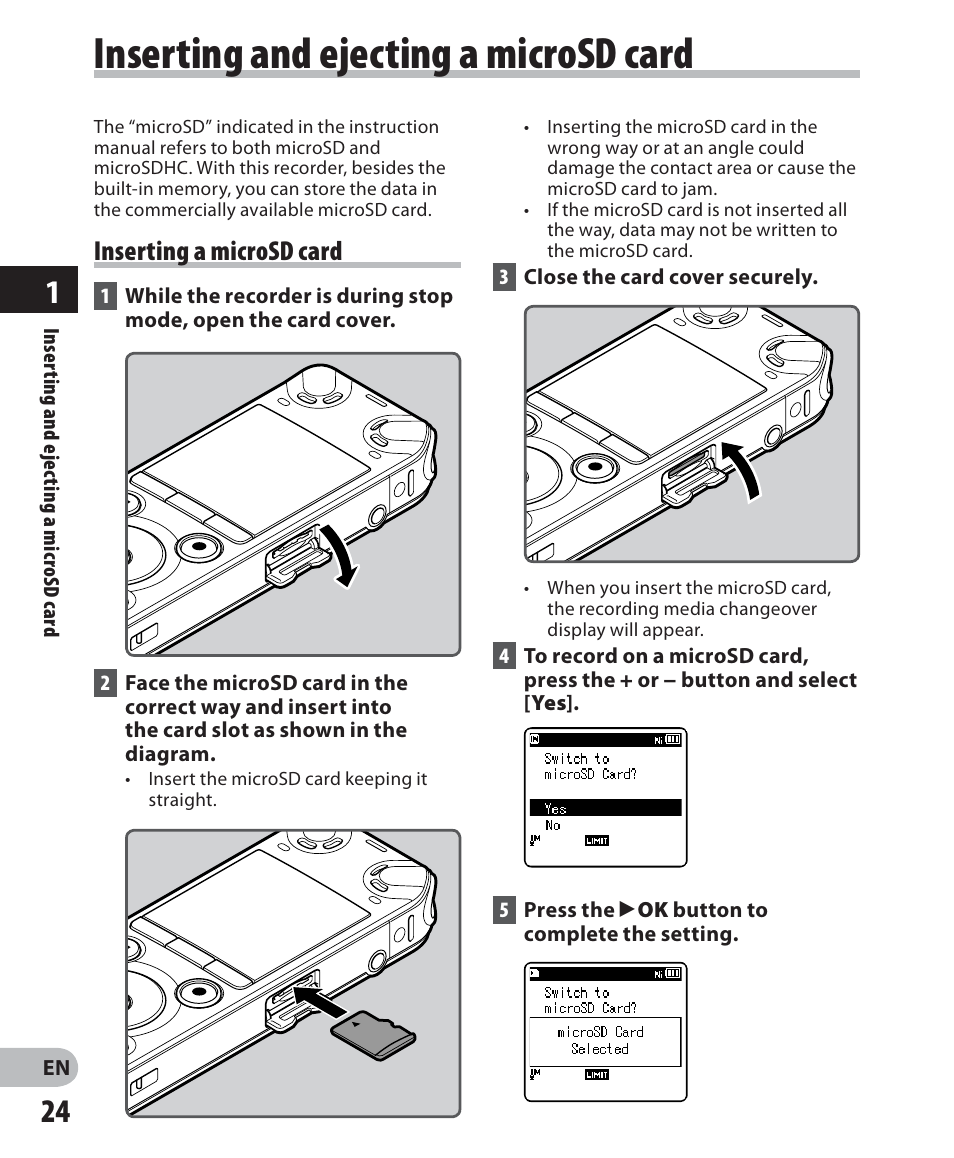 Inserting and ejecting a microsd card, Inserting a microsd card | Olympus LS-7 User Manual | Page 24 / 103