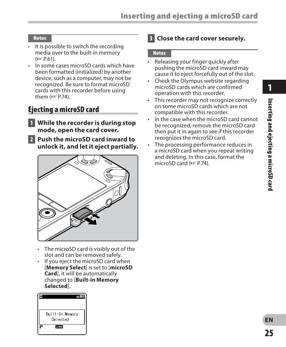 Inserting and ejecting a microsd card, Ejecting a microsd card | Olympus LS-7 User Manual | Page 25 / 103