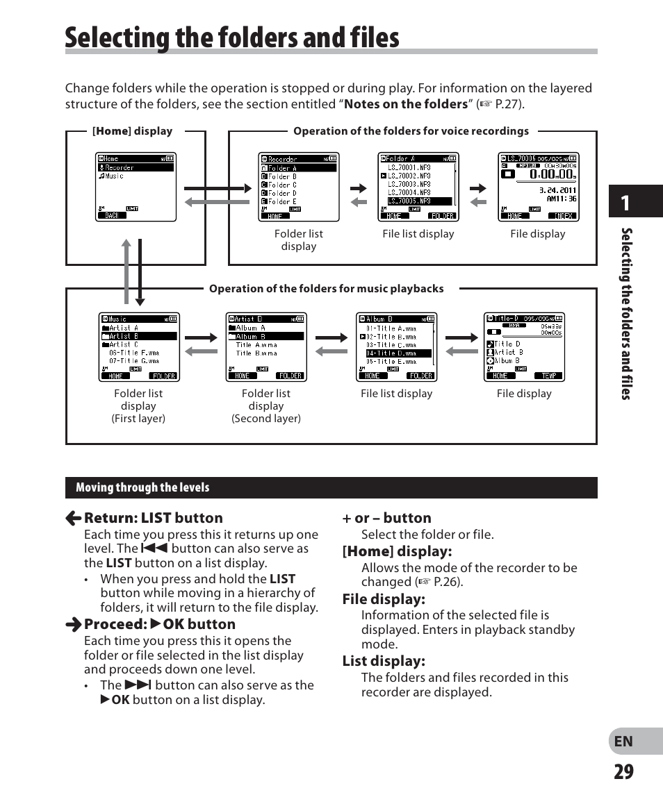 Selecting the folders and files | Olympus LS-7 User Manual | Page 29 / 103