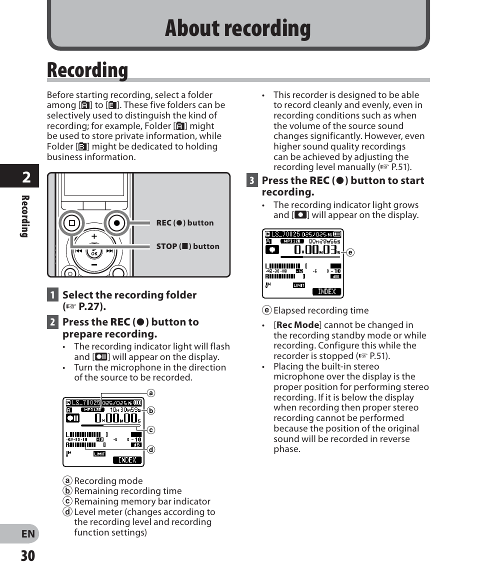 About recording, Recording | Olympus LS-7 User Manual | Page 30 / 103
