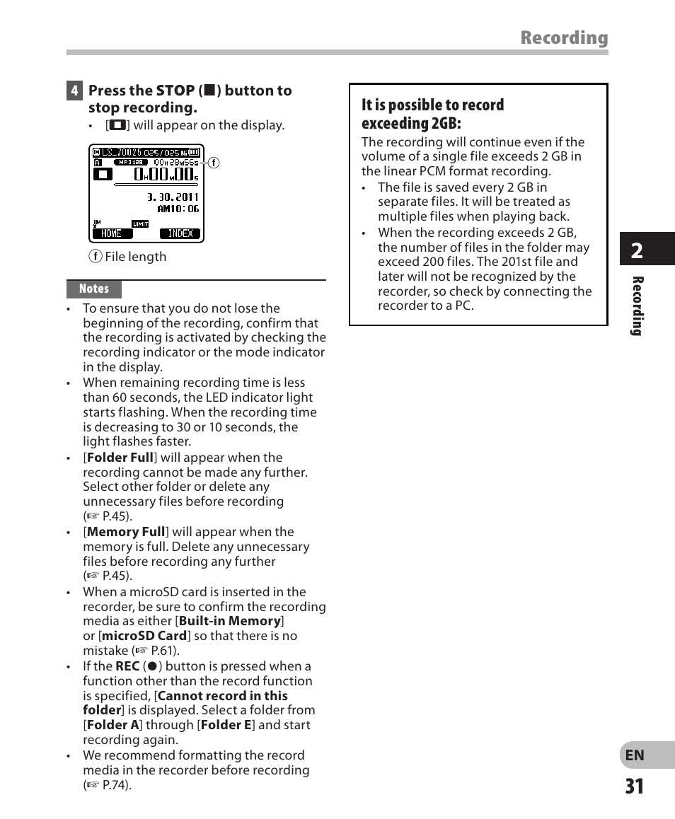 Recording | Olympus LS-7 User Manual | Page 31 / 103