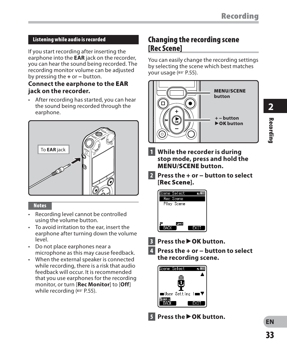 Recording changing the recording scene [rec scene | Olympus LS-7 User Manual | Page 33 / 103