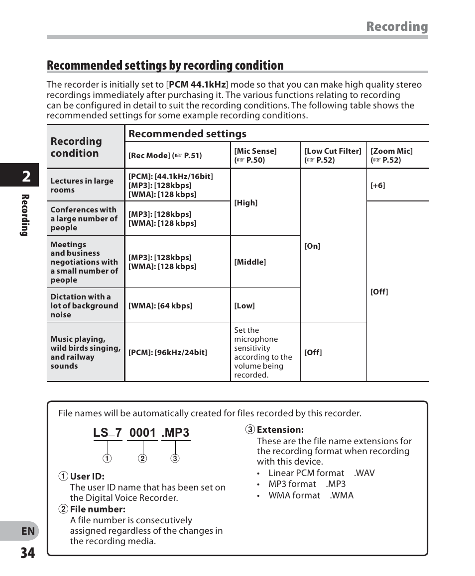 Recording, Recommended settings by recording condition | Olympus LS-7 User Manual | Page 34 / 103