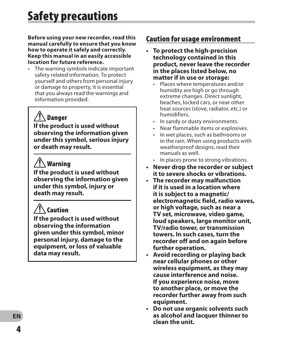 Safety precautions, Caution for usage environment | Olympus LS-7 User Manual | Page 4 / 103