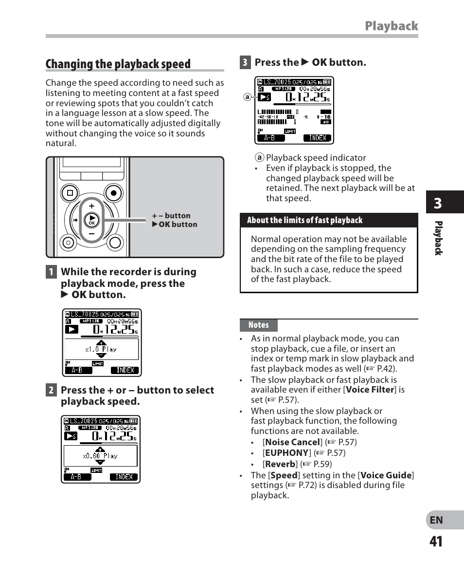 Playback, Changing the playback speed | Olympus LS-7 User Manual | Page 41 / 103