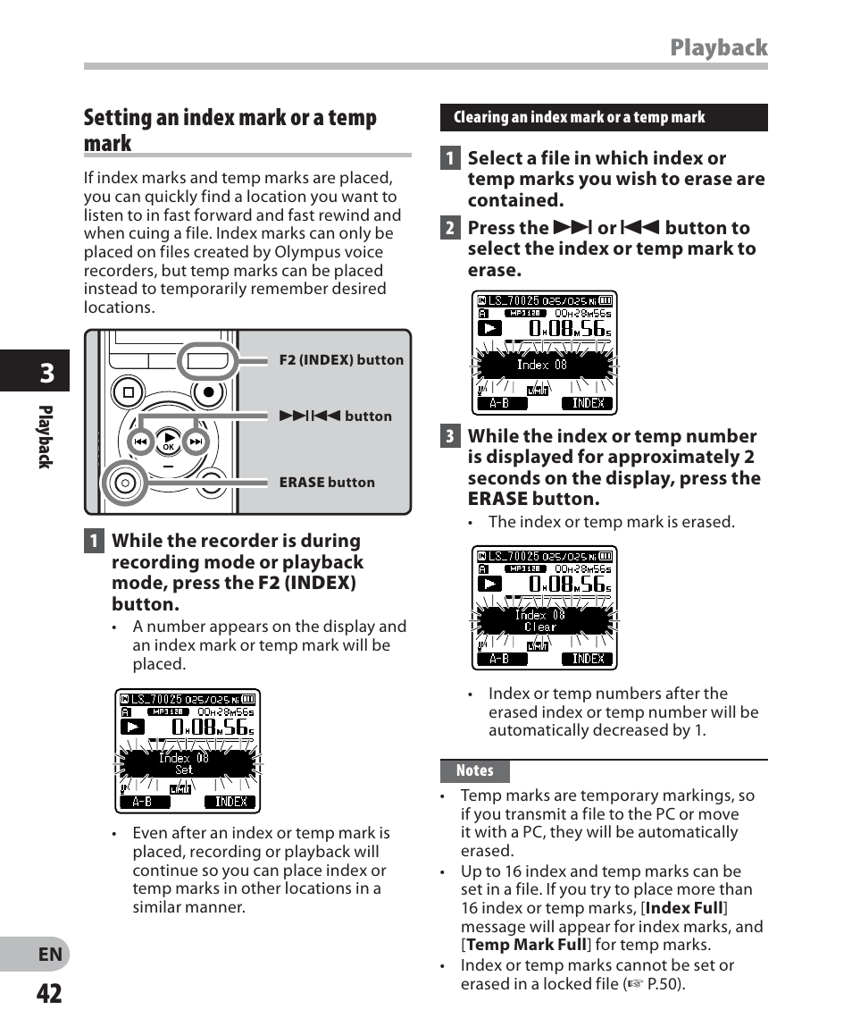 Playback, Setting an index mark or a temp mark | Olympus LS-7 User Manual | Page 42 / 103