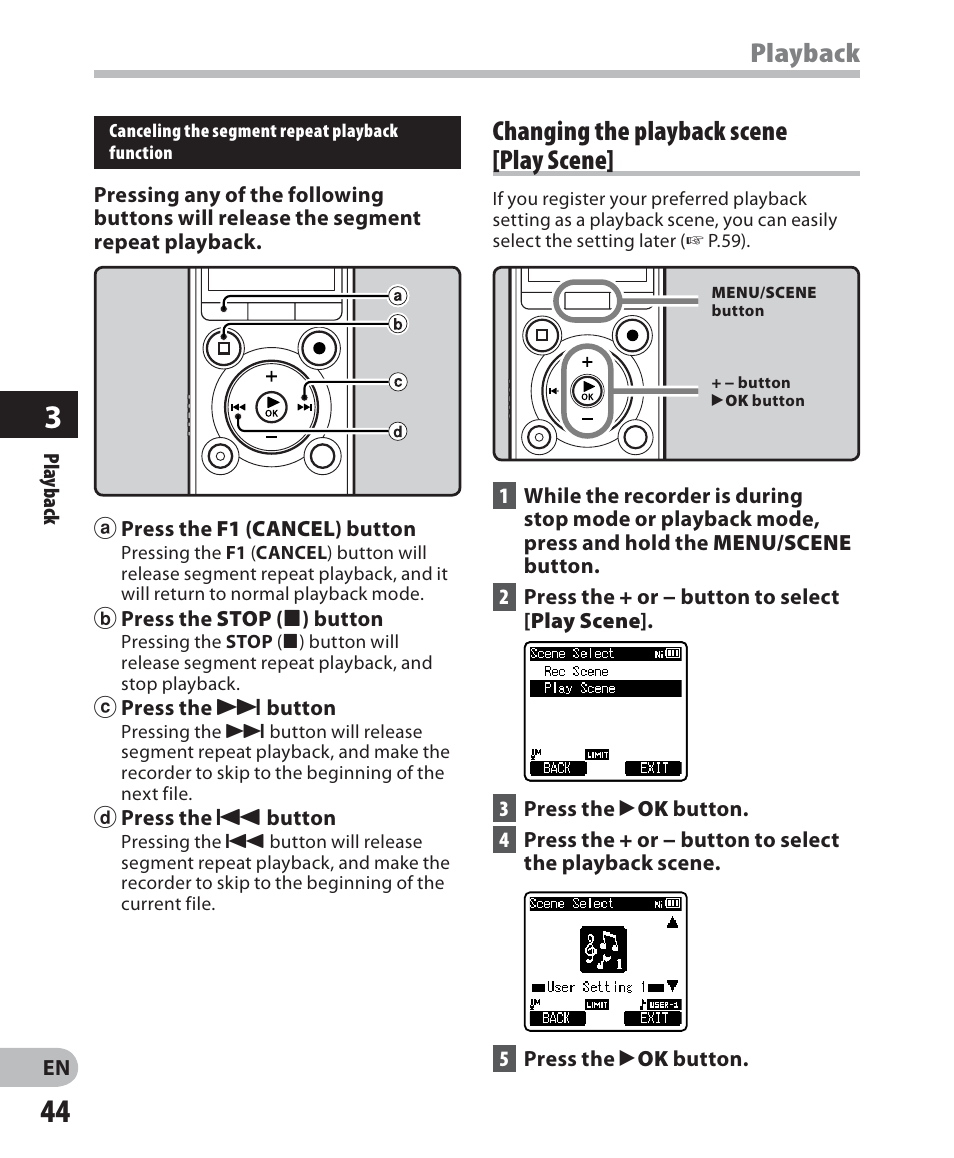 Playback, Changing the playback scene [play scene | Olympus LS-7 User Manual | Page 44 / 103