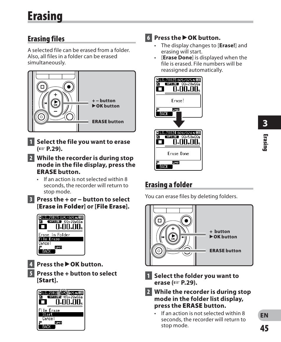 Erasing, Erasing files, Erasing a folder | Olympus LS-7 User Manual | Page 45 / 103