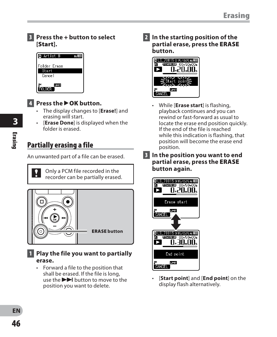 Erasing, Partially erasing a file | Olympus LS-7 User Manual | Page 46 / 103