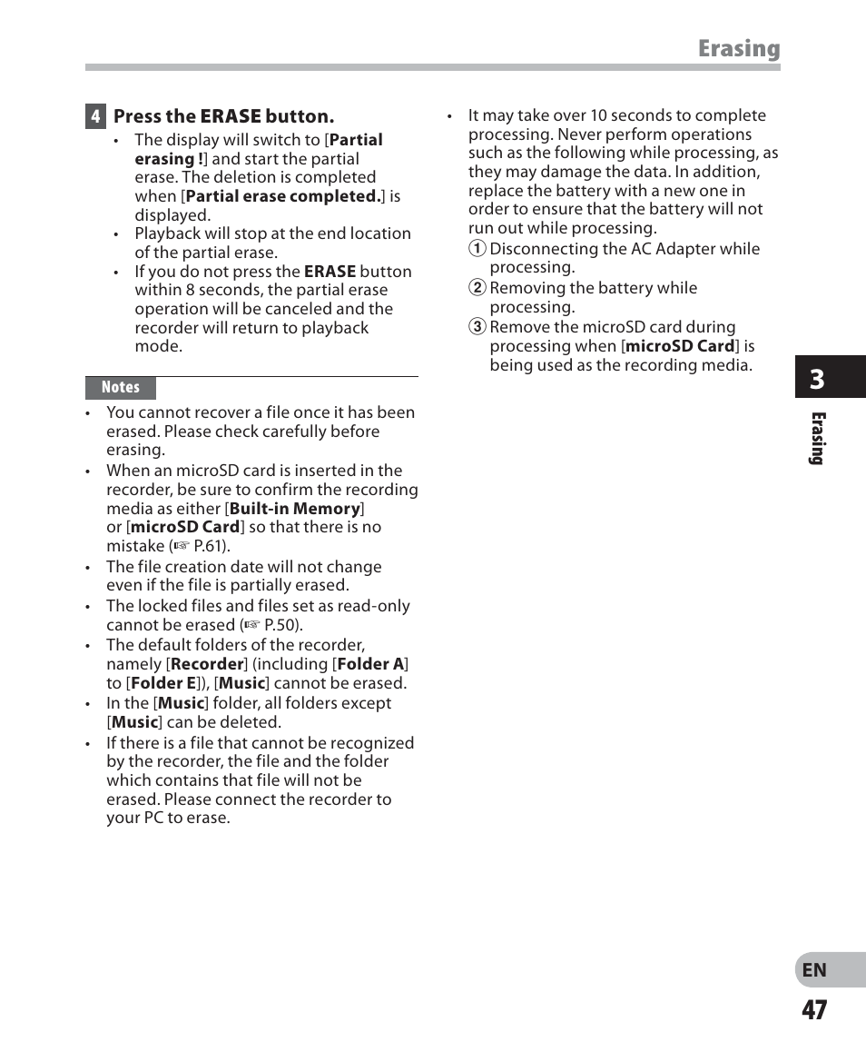 Erasing | Olympus LS-7 User Manual | Page 47 / 103