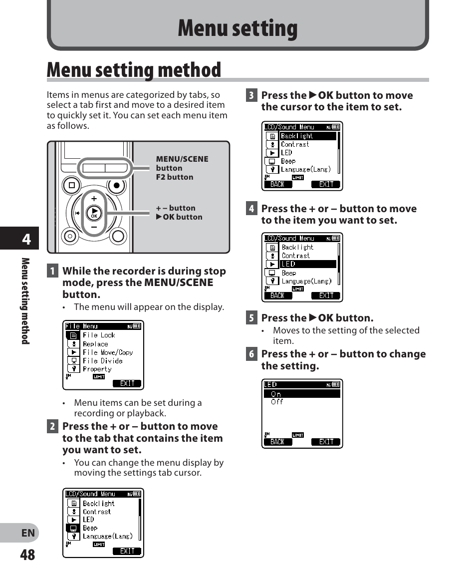 Menu setting, Menu setting method | Olympus LS-7 User Manual | Page 48 / 103