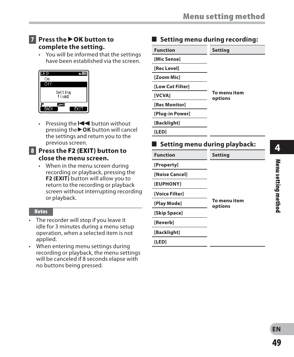 Menu setting method | Olympus LS-7 User Manual | Page 49 / 103