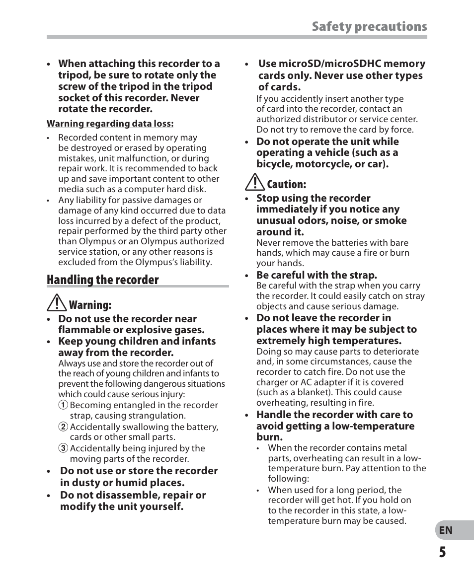 Safety precautions, Handling the recorder | Olympus LS-7 User Manual | Page 5 / 103