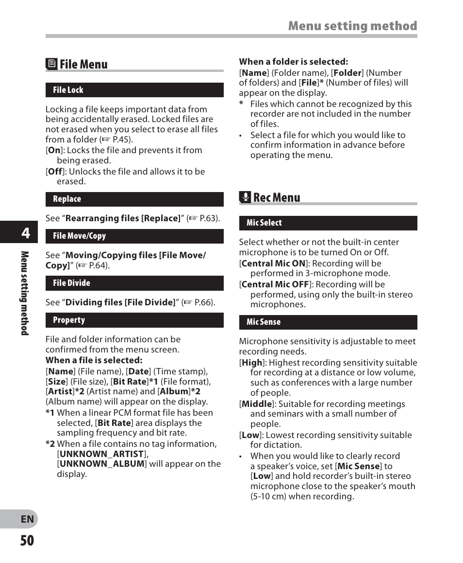 Menu setting method, Rec menu, File menu | Olympus LS-7 User Manual | Page 50 / 103