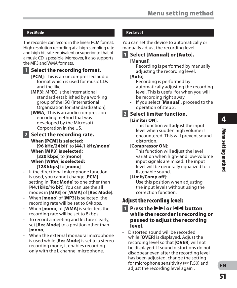Menu setting method, Adjust the recording level | Olympus LS-7 User Manual | Page 51 / 103