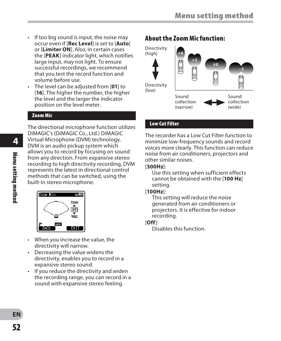 Menu setting method, About the zoom mic function | Olympus LS-7 User Manual | Page 52 / 103