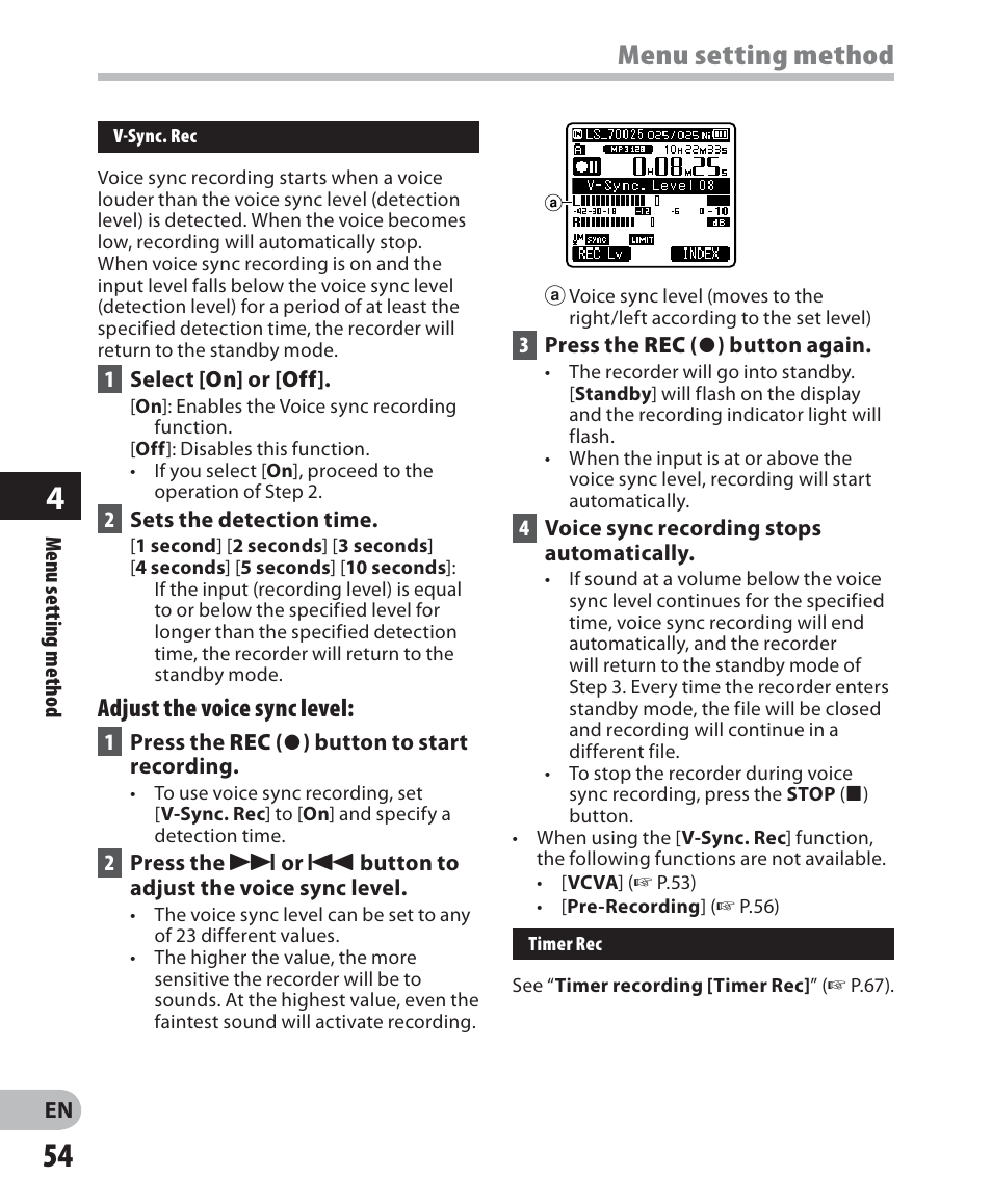 Menu setting method | Olympus LS-7 User Manual | Page 54 / 103