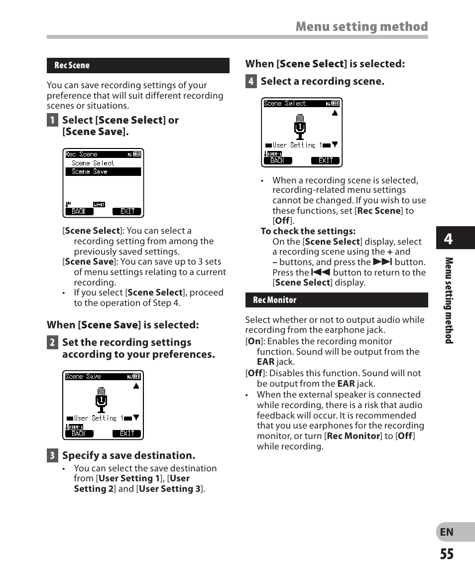 Menu setting method | Olympus LS-7 User Manual | Page 55 / 103