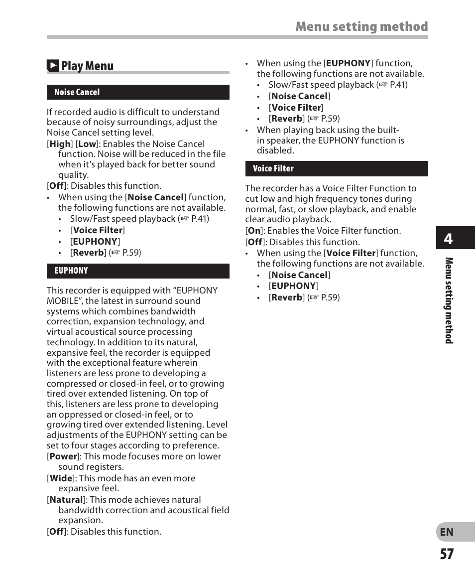 Menu setting method, Play menu | Olympus LS-7 User Manual | Page 57 / 103