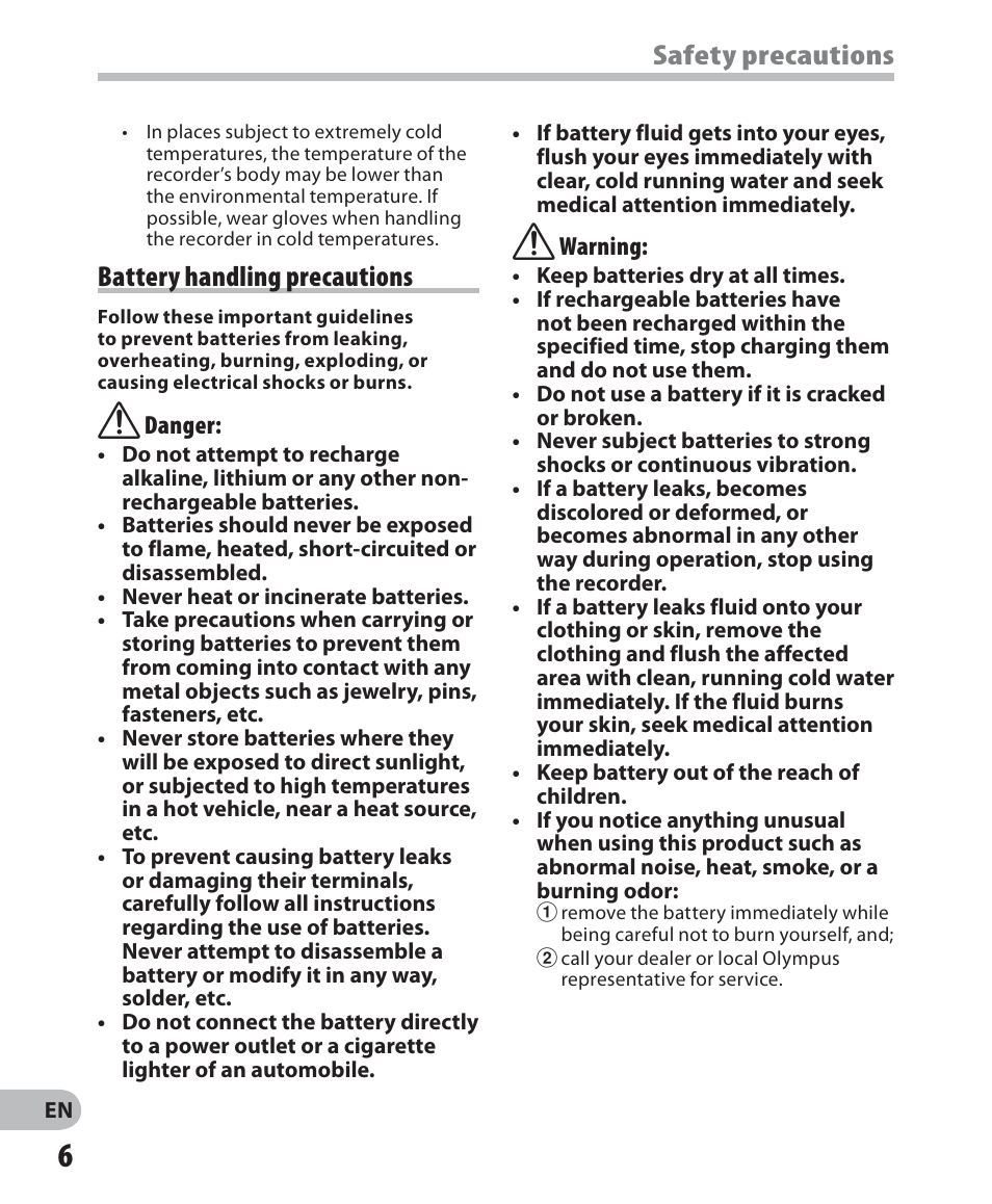 Safety precautions, Battery handling precautions | Olympus LS-7 User Manual | Page 6 / 103