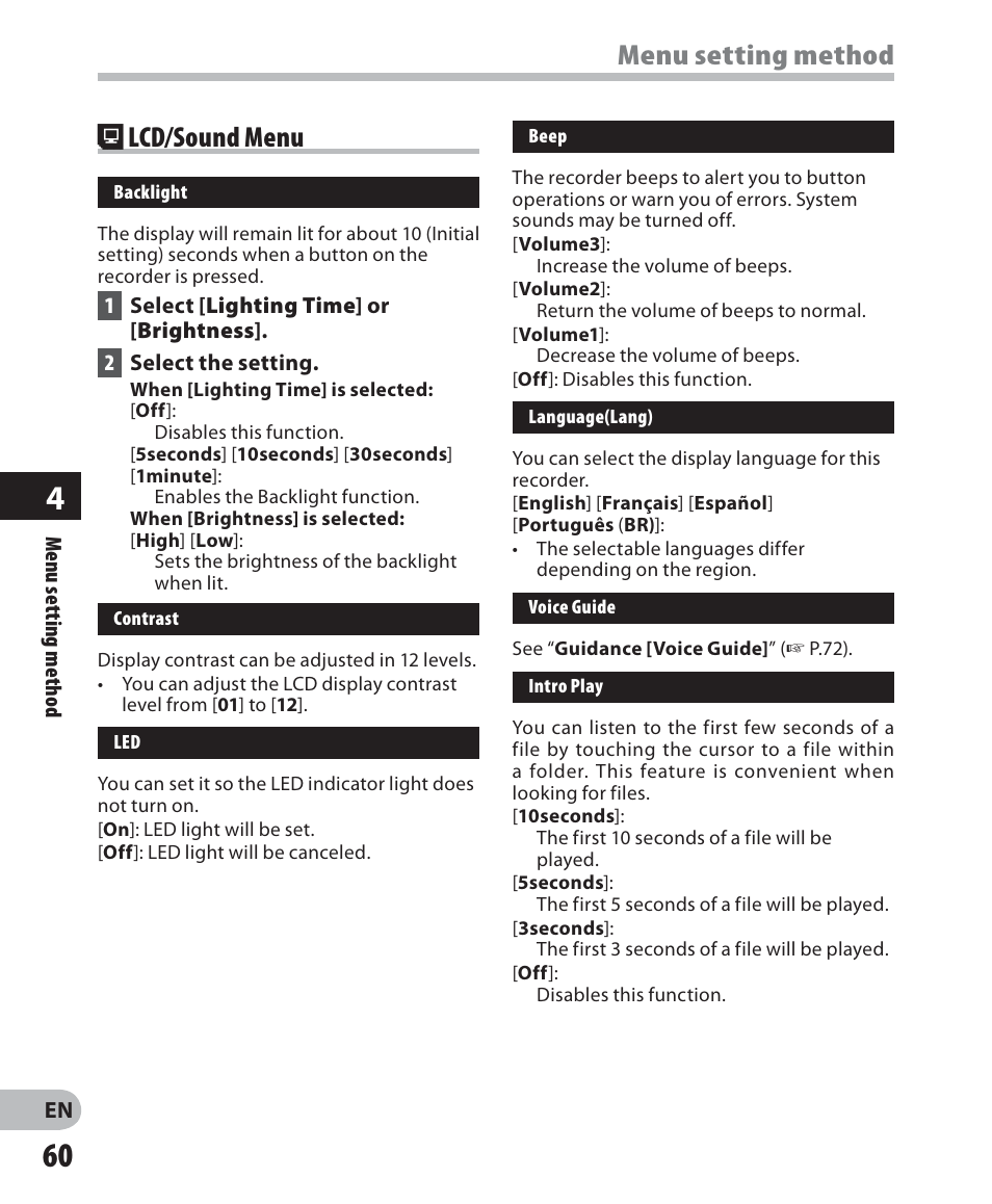 Menu setting method, Lcd/sound menu | Olympus LS-7 User Manual | Page 60 / 103