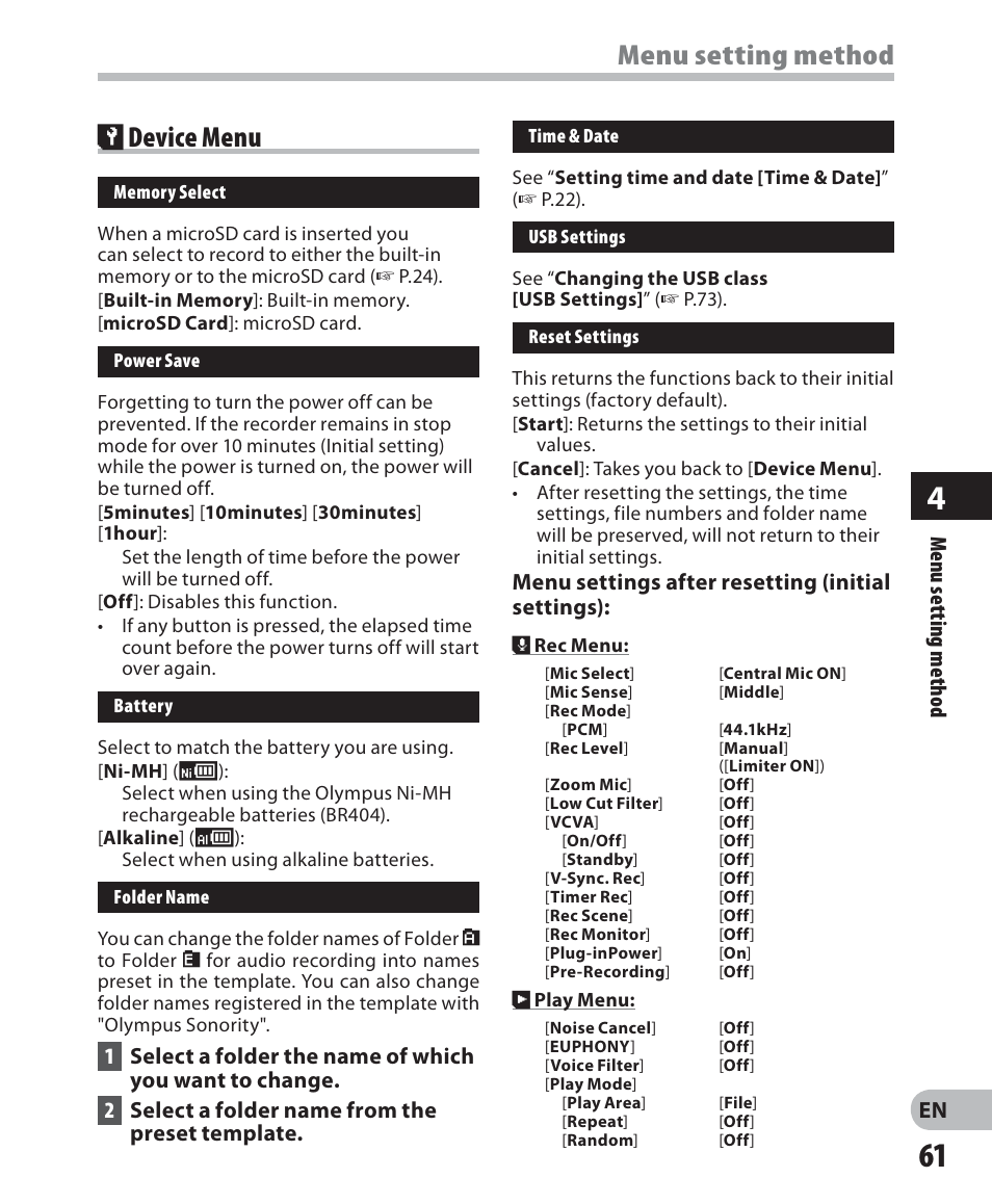 Menu setting method, Device menu | Olympus LS-7 User Manual | Page 61 / 103