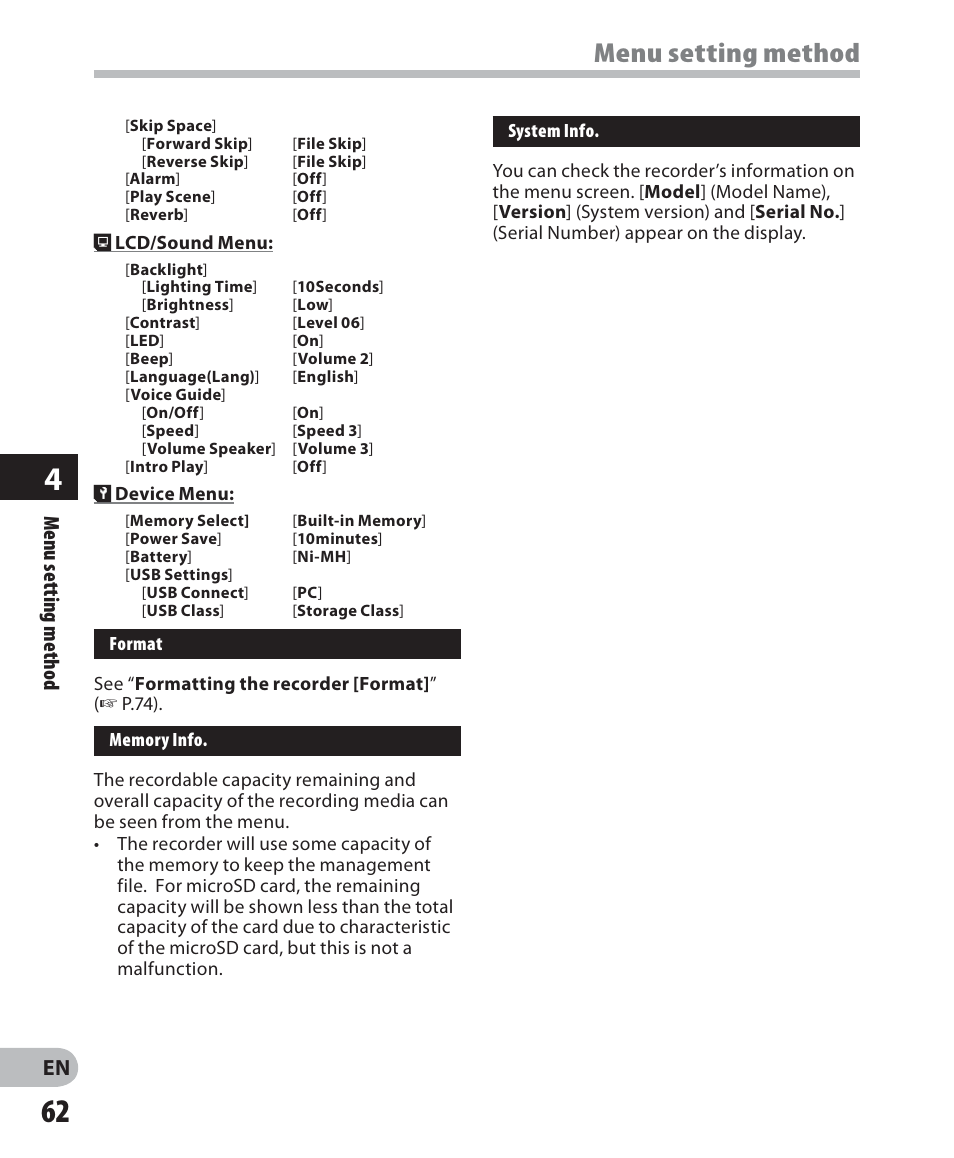 Menu setting method | Olympus LS-7 User Manual | Page 62 / 103