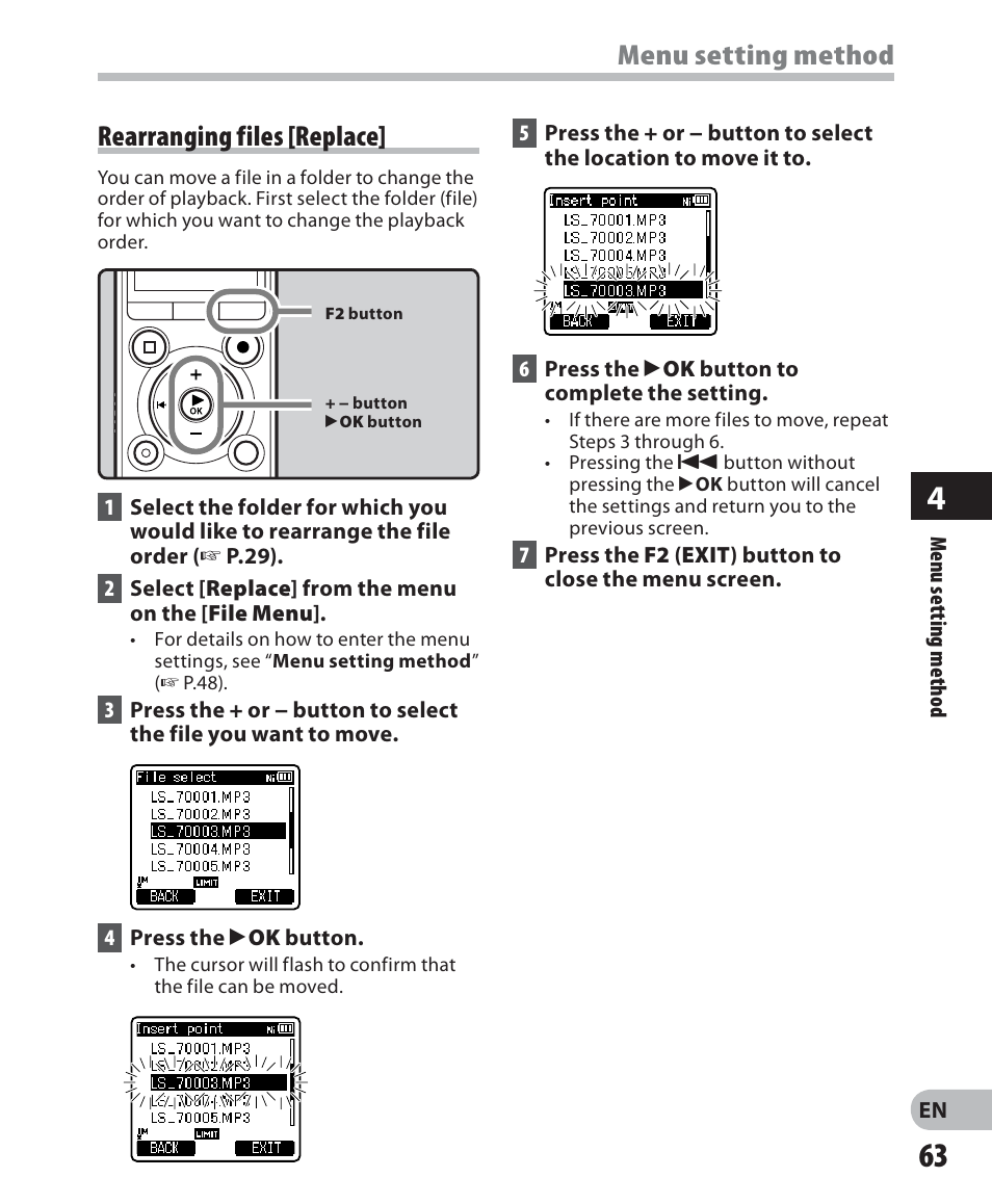 Menu setting method, Rearranging files [replace | Olympus LS-7 User Manual | Page 63 / 103