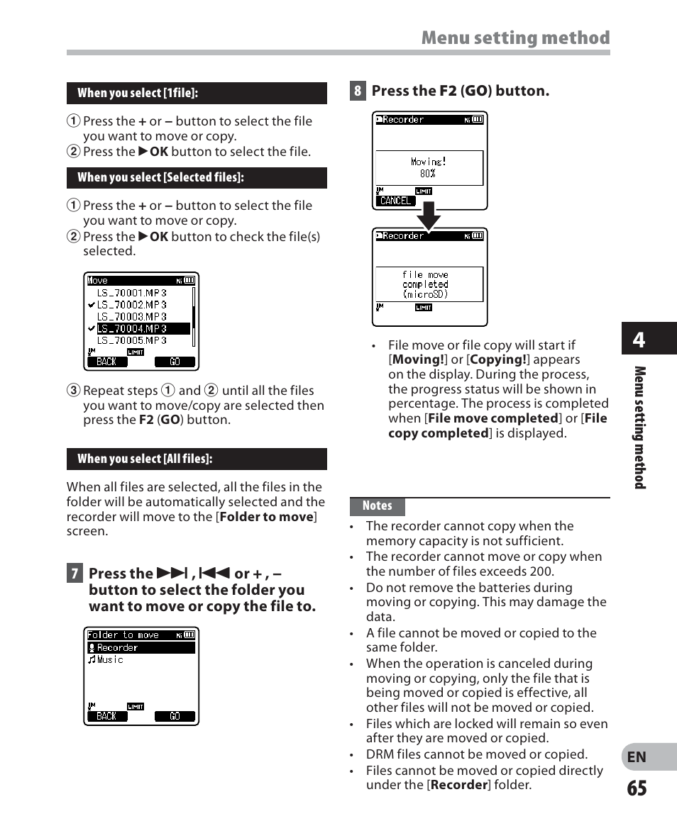 Menu setting method | Olympus LS-7 User Manual | Page 65 / 103