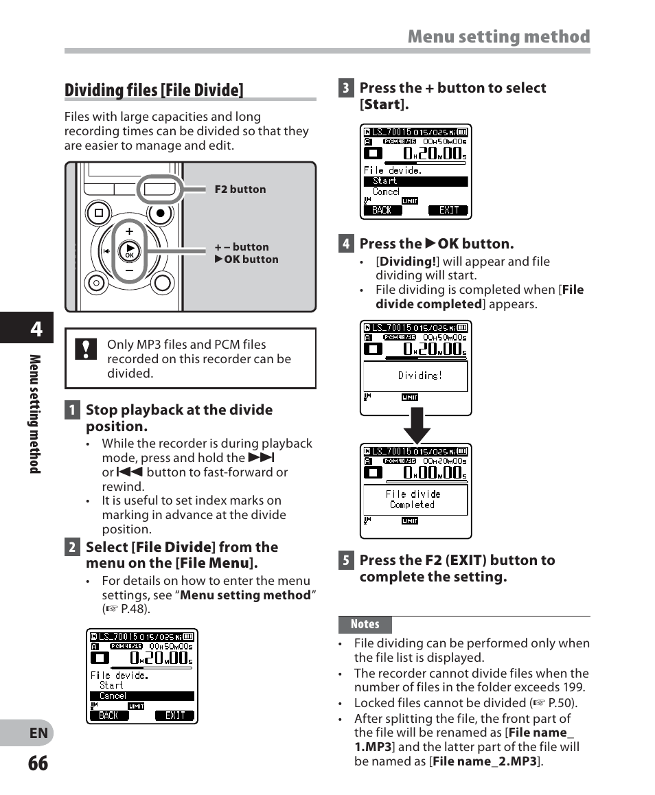 Menu setting method, Dividing files [file divide | Olympus LS-7 User Manual | Page 66 / 103